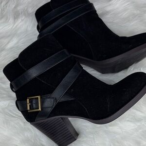 Shoe Dazzle Black Heeled Boots with Strap Detail